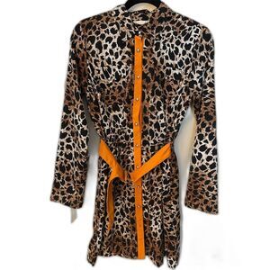 Olive & Oak Leapard Orange Belted Long Sleeve Mini Button Up Dress Womens Medium